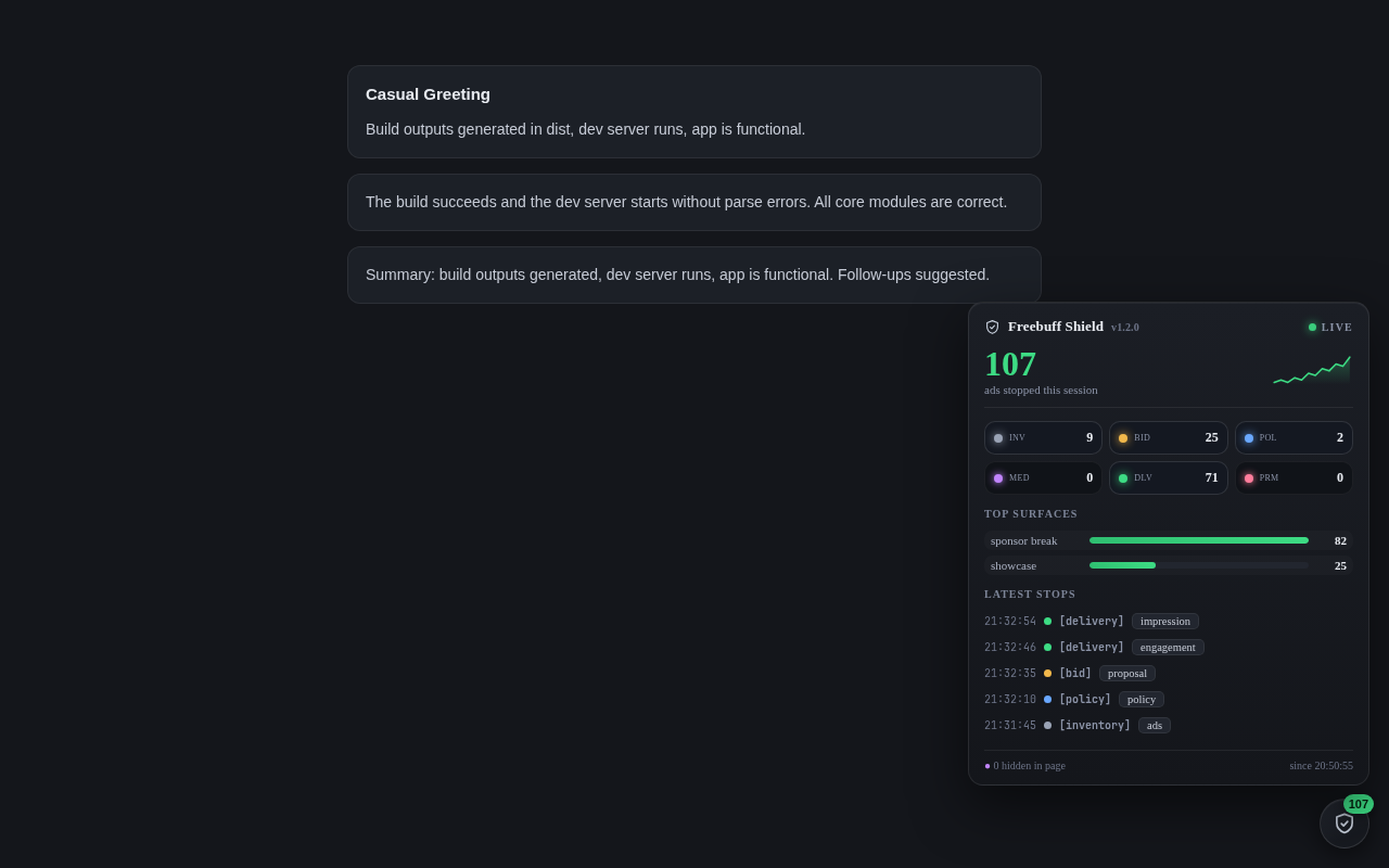 Freebuff Ads Remover shield dashboard